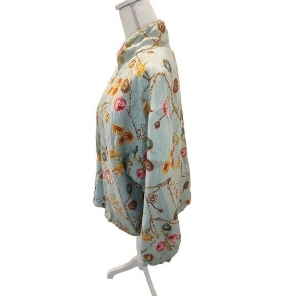 Vintage 90s Avon Silk Floral Turquoise Bomber Jacket L Baroque Jeweled Blue - Picture 7 of 9